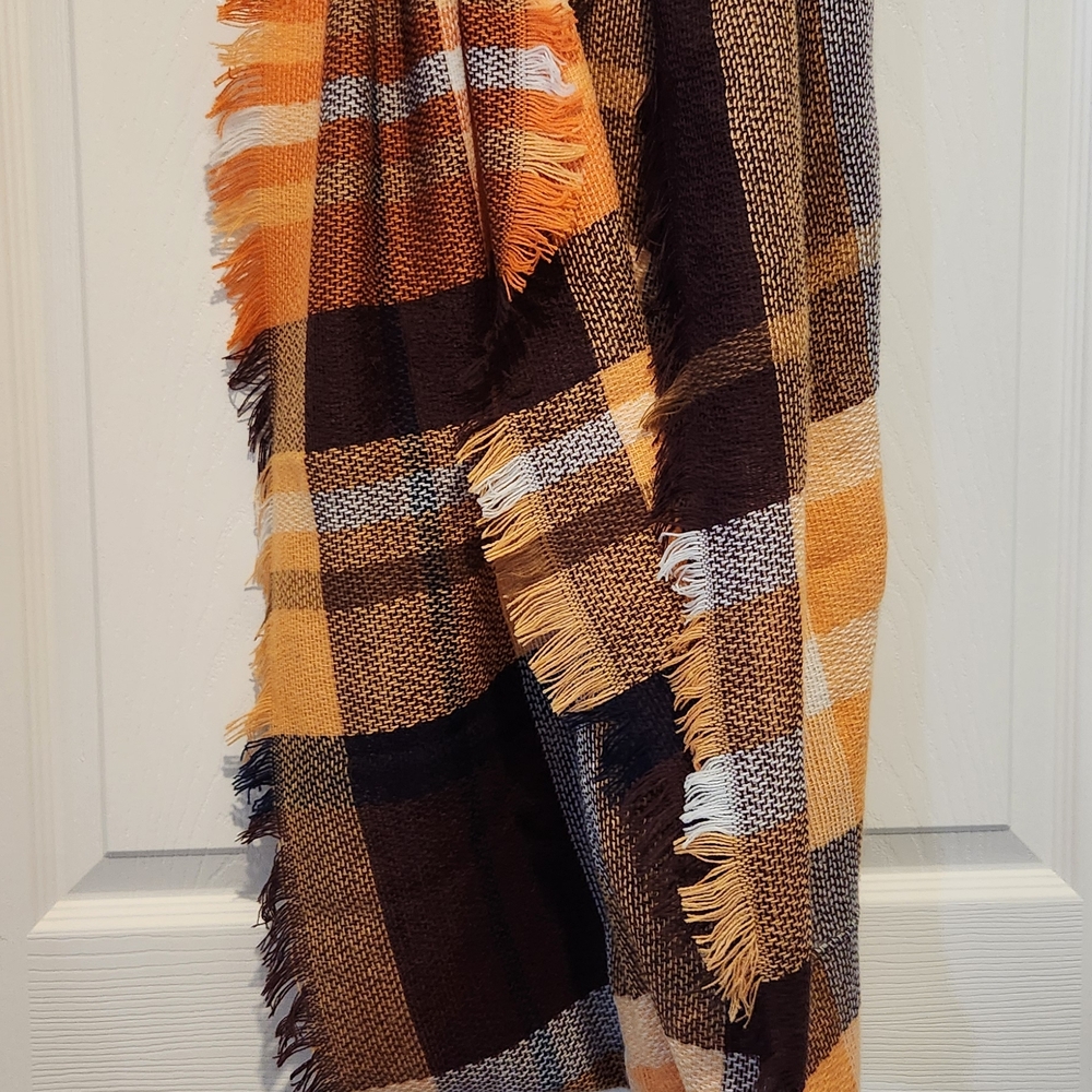Plaid Fringe Loop Scarf in Orange and Brown